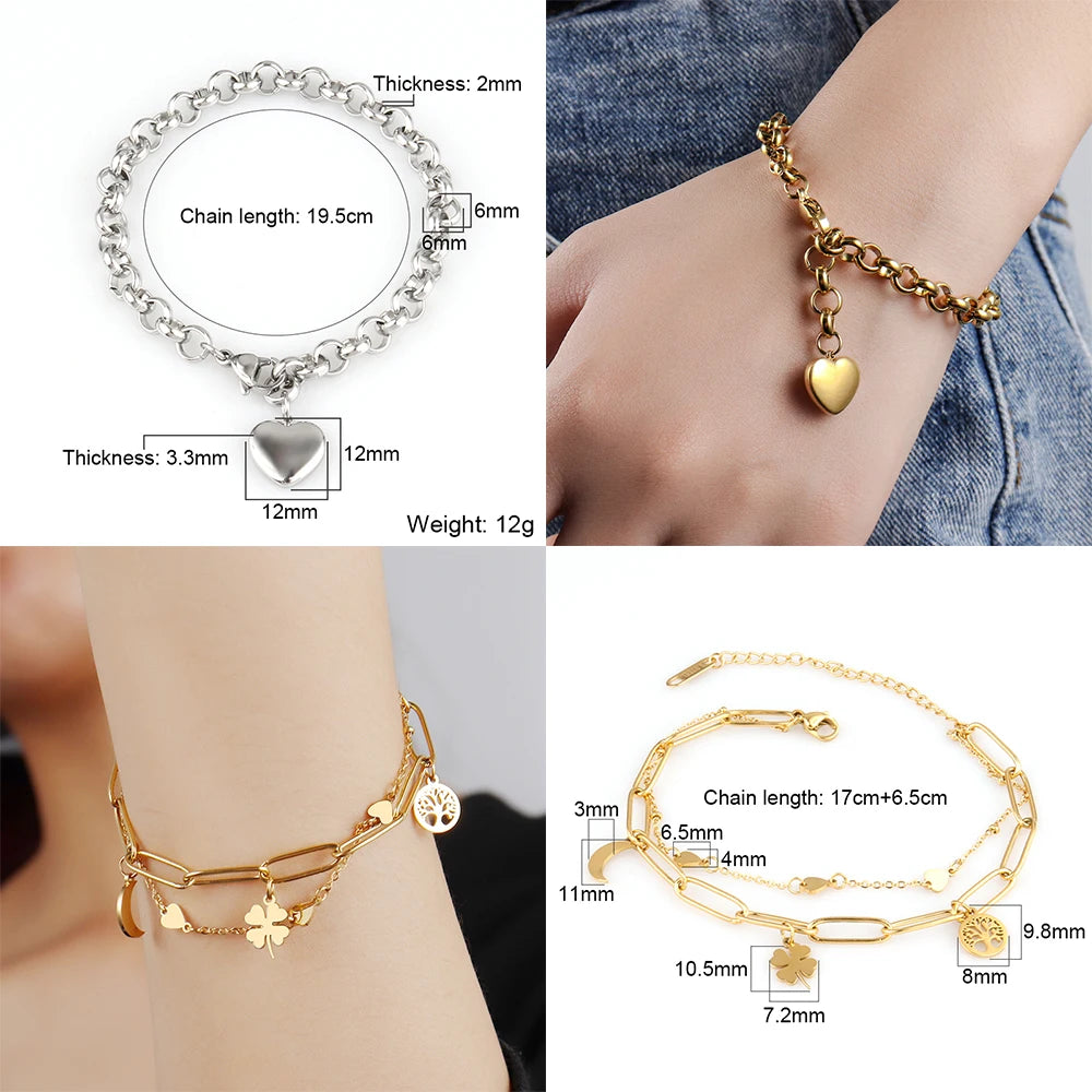 steel bracelet For Women stainless bracelets Heart Pendant Bracelets Fashion Chain Bracelets women Thick Bracelet Jewelry Gift