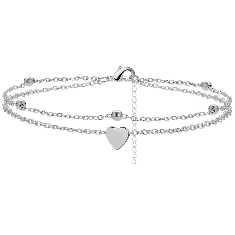 Dainty Anklets for Women Girls Layered Heart CZ Bead Initial Anklets 14K Gold Plated Waterproof Summer Beach Jewelry
