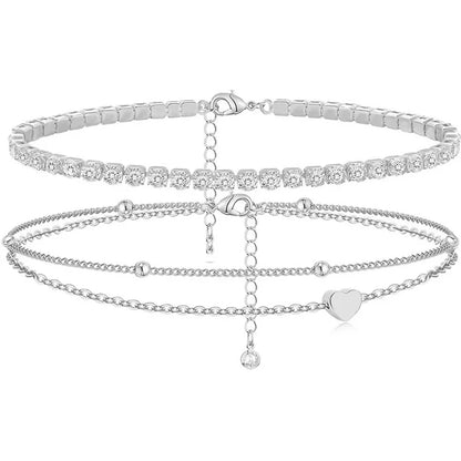 Dainty Anklets for Women Girls Layered Heart CZ Bead Initial Anklets 14K Gold Plated Waterproof Summer Beach Jewelry