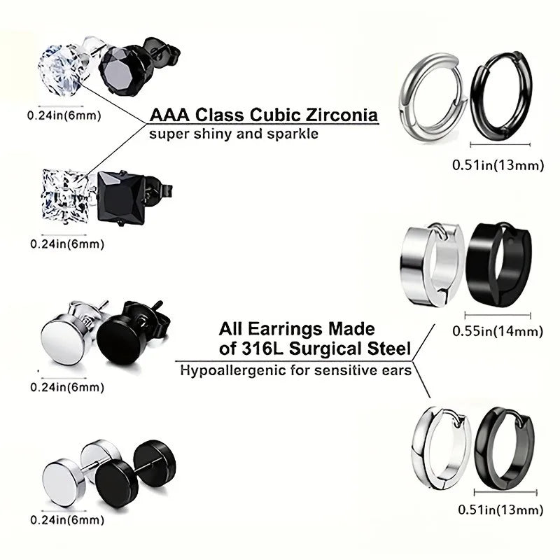 14 Pairs Earrings For Men, Black Earrings Mens Earrings, Stainless Steel Stud Earrings For Women Huggie Hoop Earrings Set
