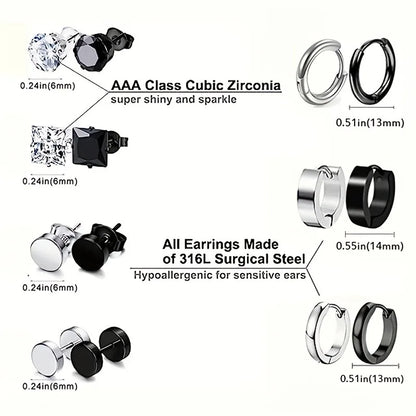 14 Pairs Earrings For Men, Black Earrings Mens Earrings, Stainless Steel Stud Earrings For Women Huggie Hoop Earrings Set