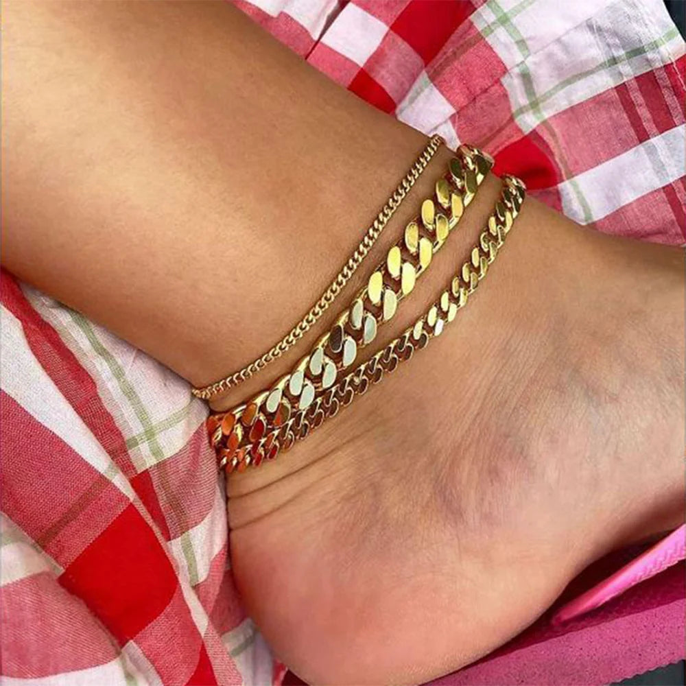 Cuban Chain Anklets 18K Gold Plated Punk Different Width Waterproof Anklets for Women Jewelry Accessories