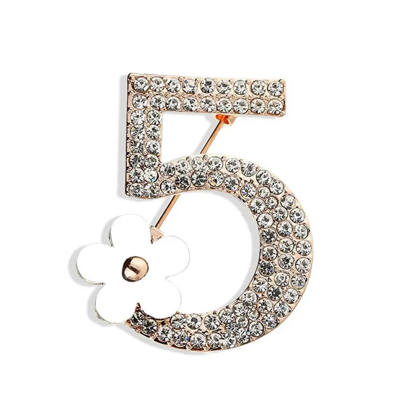 Letter 5 Full Crystal Rhinestone Brooch Pins For Women Party Flower Number Brooches