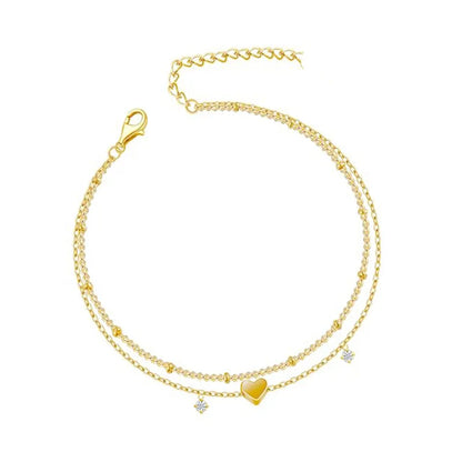 Dainty Anklets for Women Girls Layered Heart CZ Bead Initial Anklets 14K Gold Plated Waterproof Summer Beach Jewelry