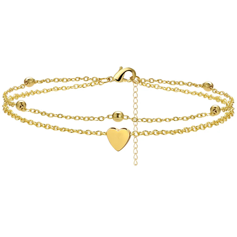 Dainty Anklets for Women Girls Layered Heart CZ Bead Initial Anklets 14K Gold Plated Waterproof Summer Beach Jewelry