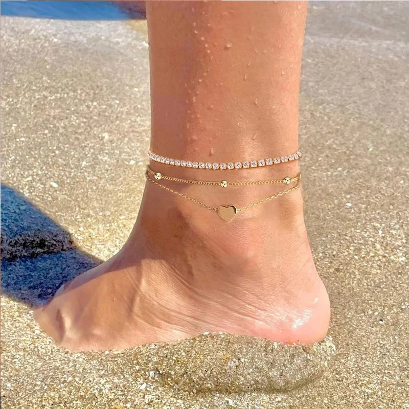 Dainty Anklets for Women Girls Layered Heart CZ Bead Initial Anklets 14K Gold Plated Waterproof Summer Beach Jewelry