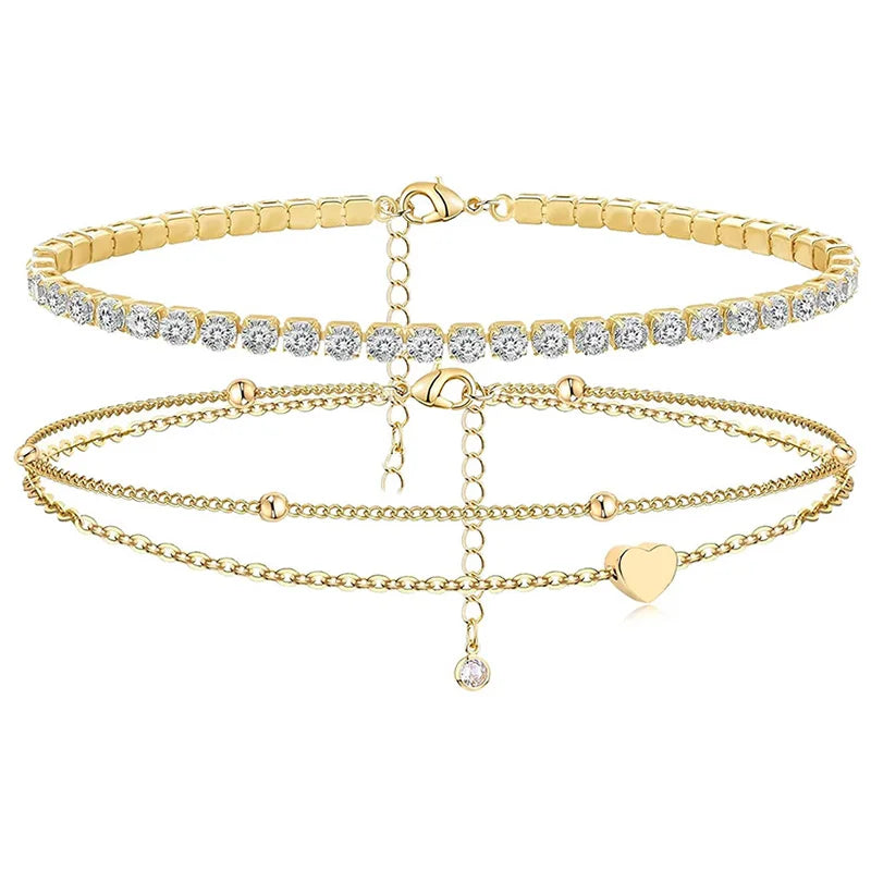 Dainty Anklets for Women Girls Layered Heart CZ Bead Initial Anklets 14K Gold Plated Waterproof Summer Beach Jewelry