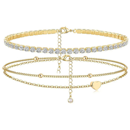 Dainty Anklets for Women Girls Layered Heart CZ Bead Initial Anklets 14K Gold Plated Waterproof Summer Beach Jewelry