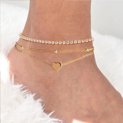 Dainty Anklets for Women Girls Layered Heart CZ Bead Initial Anklets 14K Gold Plated Waterproof Summer Beach Jewelry