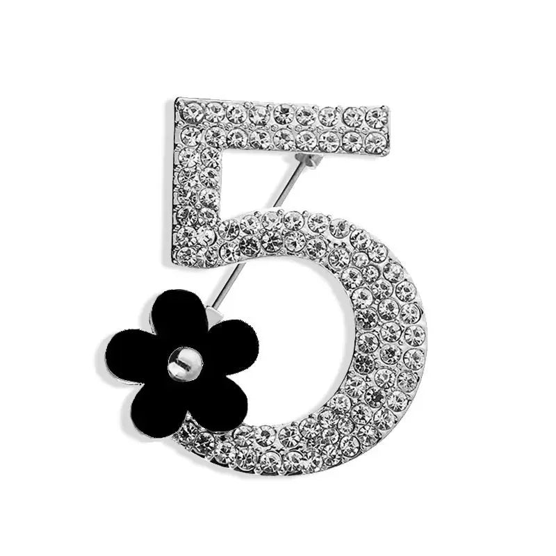 Letter 5 Full Crystal Rhinestone Brooch Pins For Women Party Flower Number Brooches
